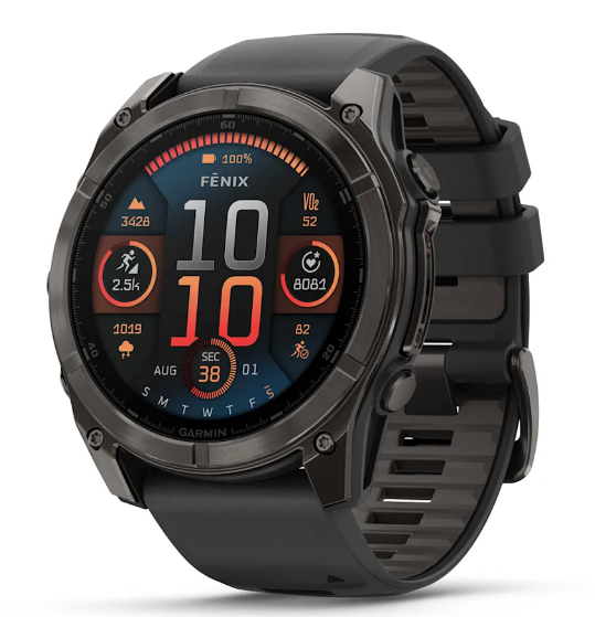 Reloj fēnix® 8 – 51 mm, AMOLED gris carbono con correa de silicona negra/gris guijarro