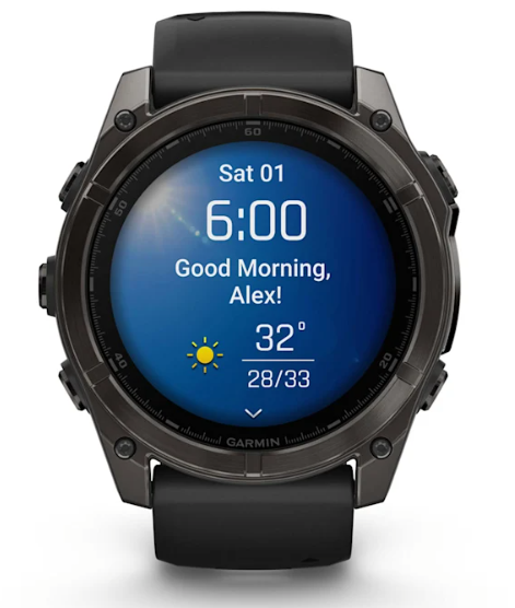 Reloj fēnix® 8 – 51 mm, AMOLED gris carbono con correa de silicona negra/gris guijarro