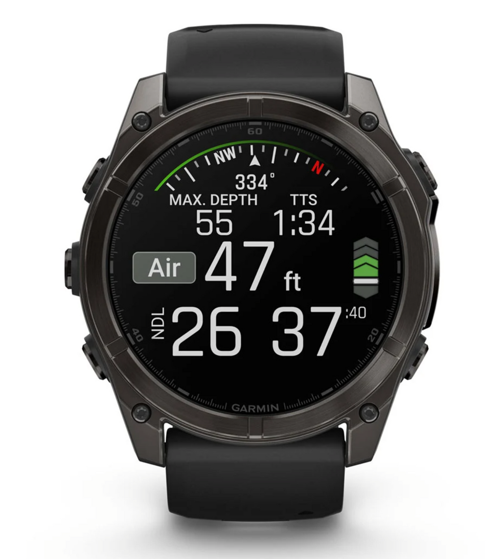 Reloj fēnix® 8 – 51 mm, AMOLED gris carbono con correa de silicona negra/gris guijarro