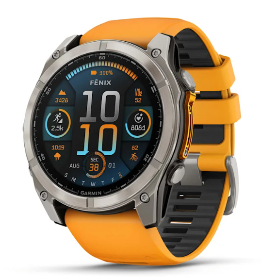 Reloj fēnix® 8 – 51 mm, AMOLED titanio con correa de silicona naranja brillante/grafito