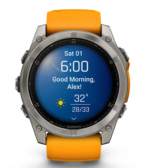 Reloj fēnix® 8 – 51 mm, AMOLED titanio con correa de silicona naranja brillante/grafito