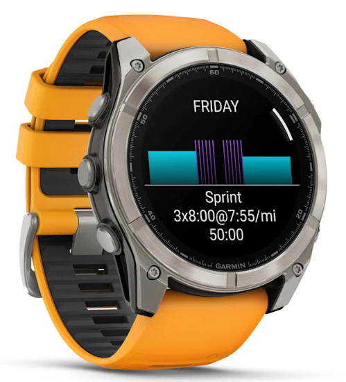 Reloj fēnix® 8 – 51 mm, AMOLED titanio con correa de silicona naranja brillante/grafito