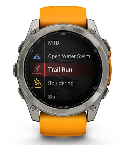 Reloj fēnix® 8 – 51 mm, AMOLED titanio con correa de silicona naranja brillante/grafito