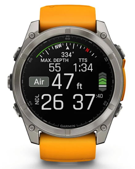 Reloj fēnix® 8 – 51 mm, AMOLED titanio con correa de silicona naranja brillante/grafito