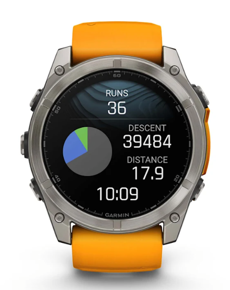 Reloj fēnix® 8 – 51 mm, AMOLED titanio con correa de silicona naranja brillante/grafito