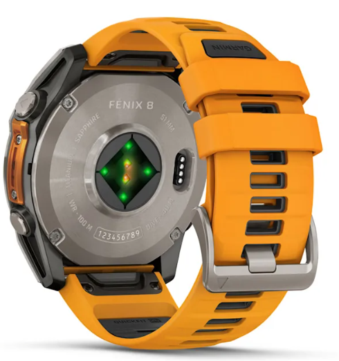 Reloj fēnix® 8 – 51 mm, AMOLED titanio con correa de silicona naranja brillante/grafito